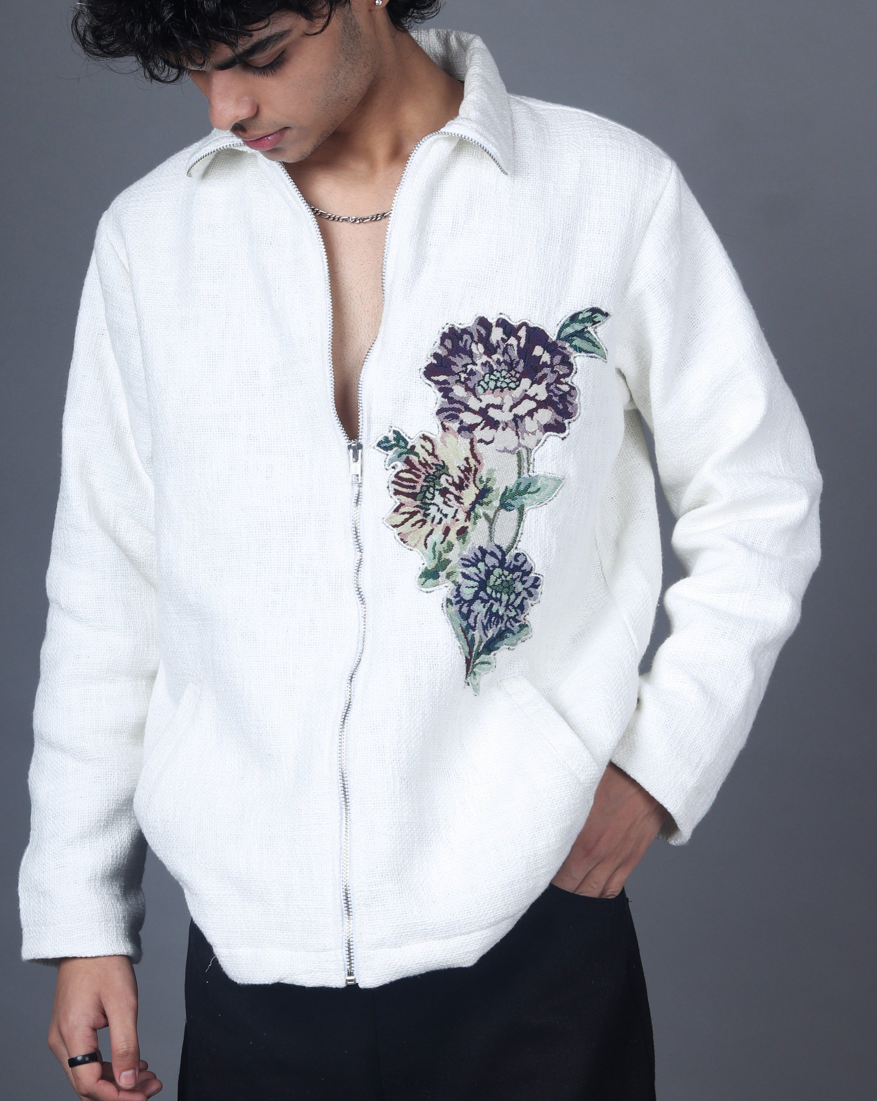 Floral Jacquard Zipper Jacket