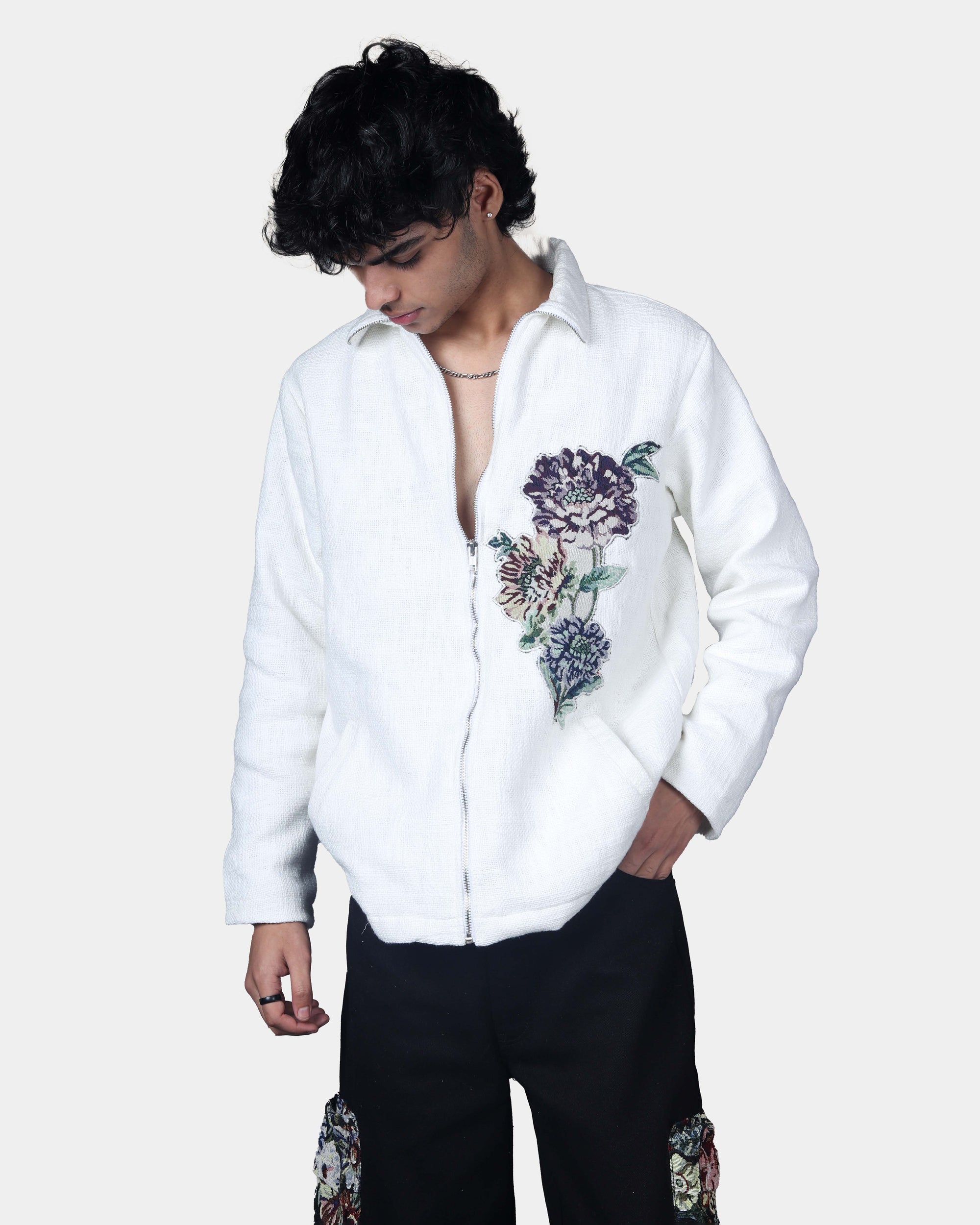 Floral Jacquard Zipper Jacket